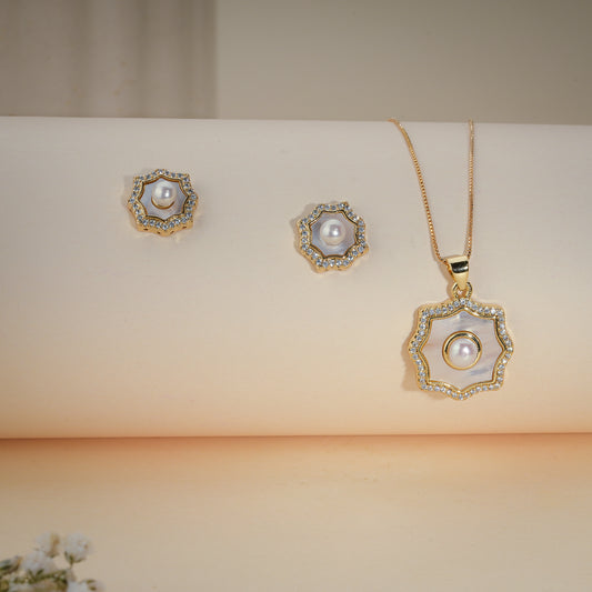 Elegant Floral Pearl Pendant Necklace & Stud Earrings Set – Gold Plated