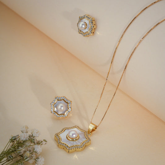 Elegant Floral Pearl Pendant Necklace & Stud Earrings Set – Gold Plated