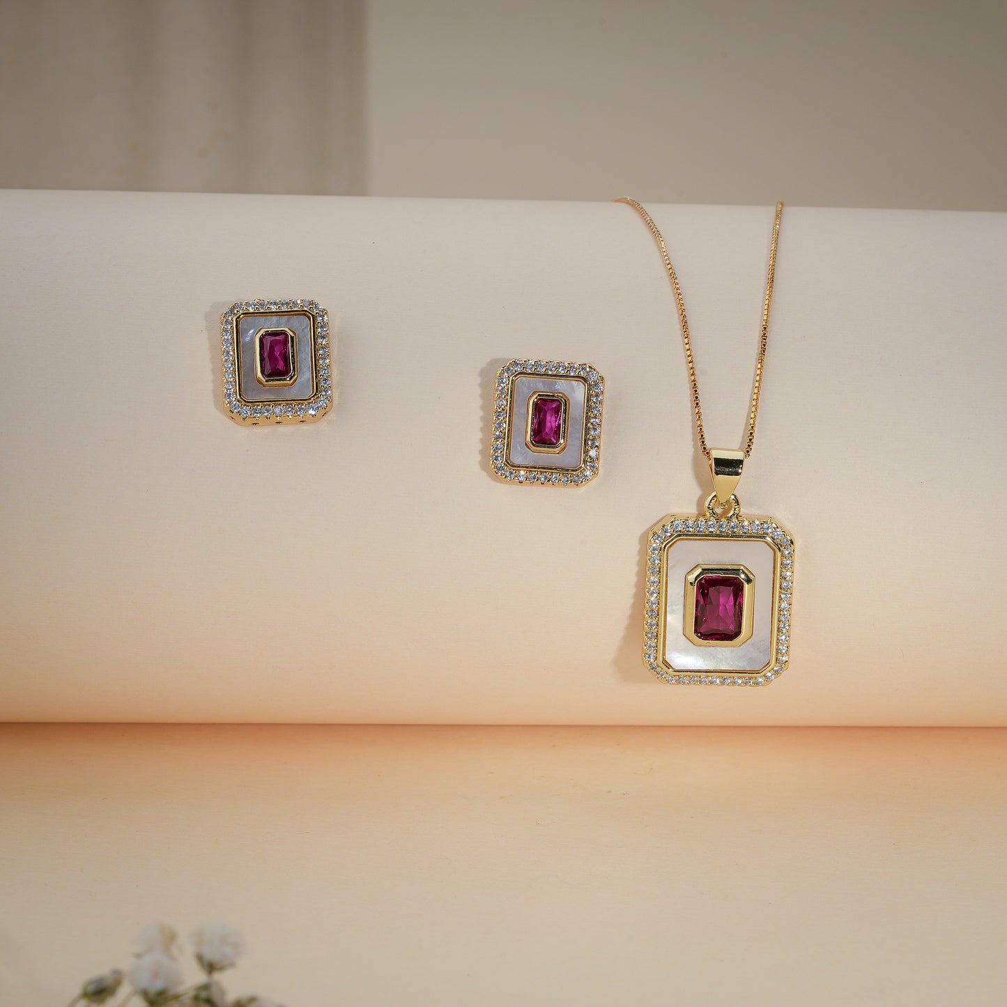 Elegant Ruby Rectangle Pendant Necklace & Stud Earrings Set – Gold Plated Crystal Jewelry