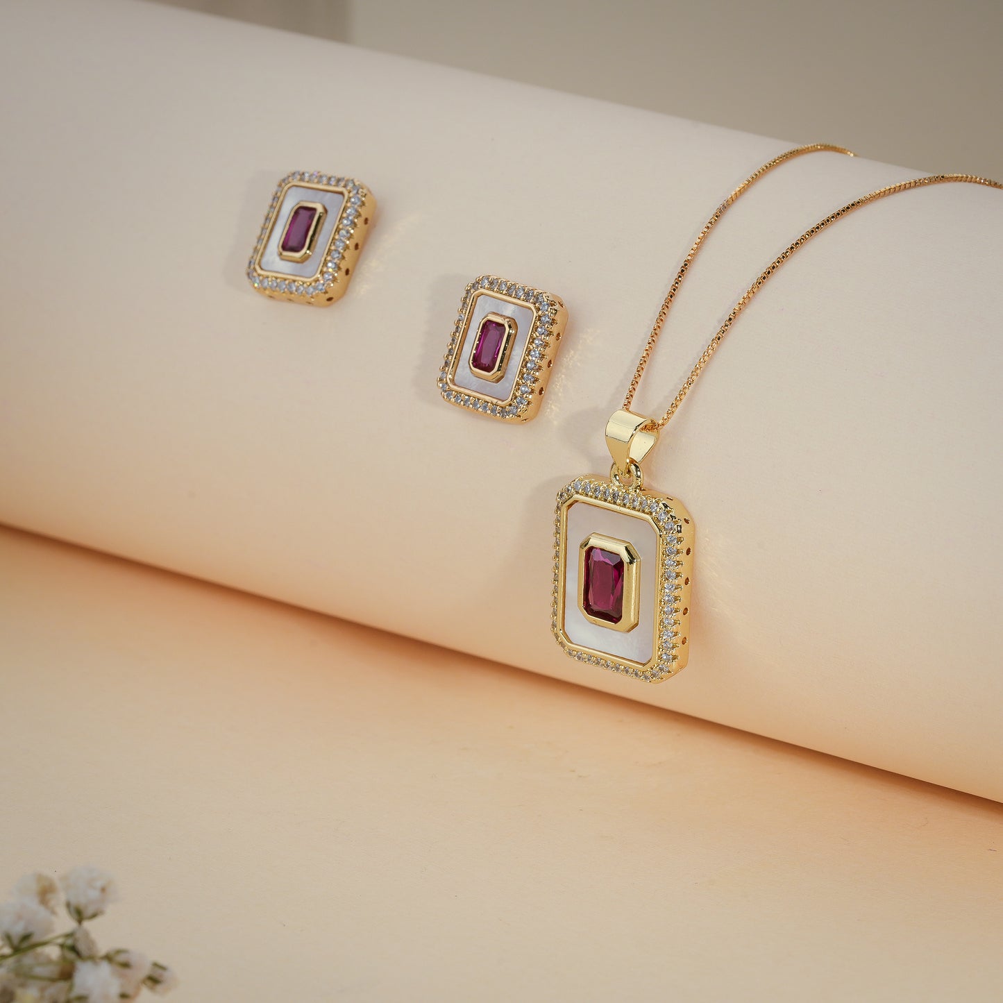 Elegant Ruby Rectangle Pendant Necklace & Stud Earrings Set – Gold Plated Crystal Jewelry