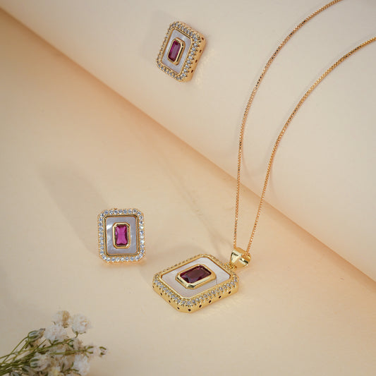 Elegant Ruby Rectangle Pendant Necklace & Stud Earrings Set – Gold Plated Crystal Jewelry