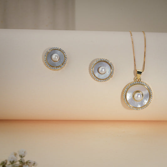 Elegant Pearl Circle Pendant Necklace & Stud Earrings Set – Gold Plated Crystal Jewelry