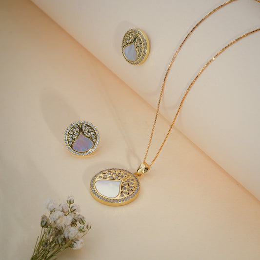 Gold Oval Mother of Pearl Pendant Necklace & Earrings Set