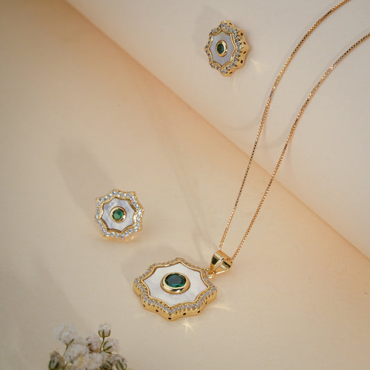 Emerald Crystal & Mother of Pearl Floral Pendant Necklace Set