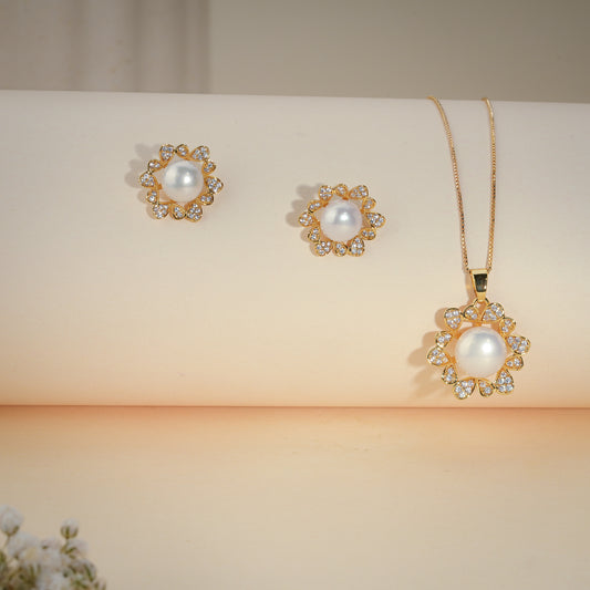 Elegant Pearl & CZ Flower Jewelry Set – Pendant with Chain & Stud Earrings