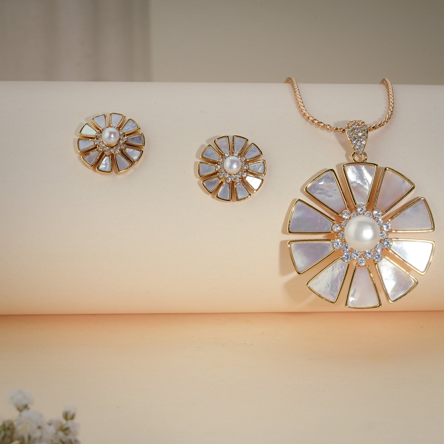 Luxury Mother of Pearl Floral Pendant Set with Stud Earrings – Gold Finish