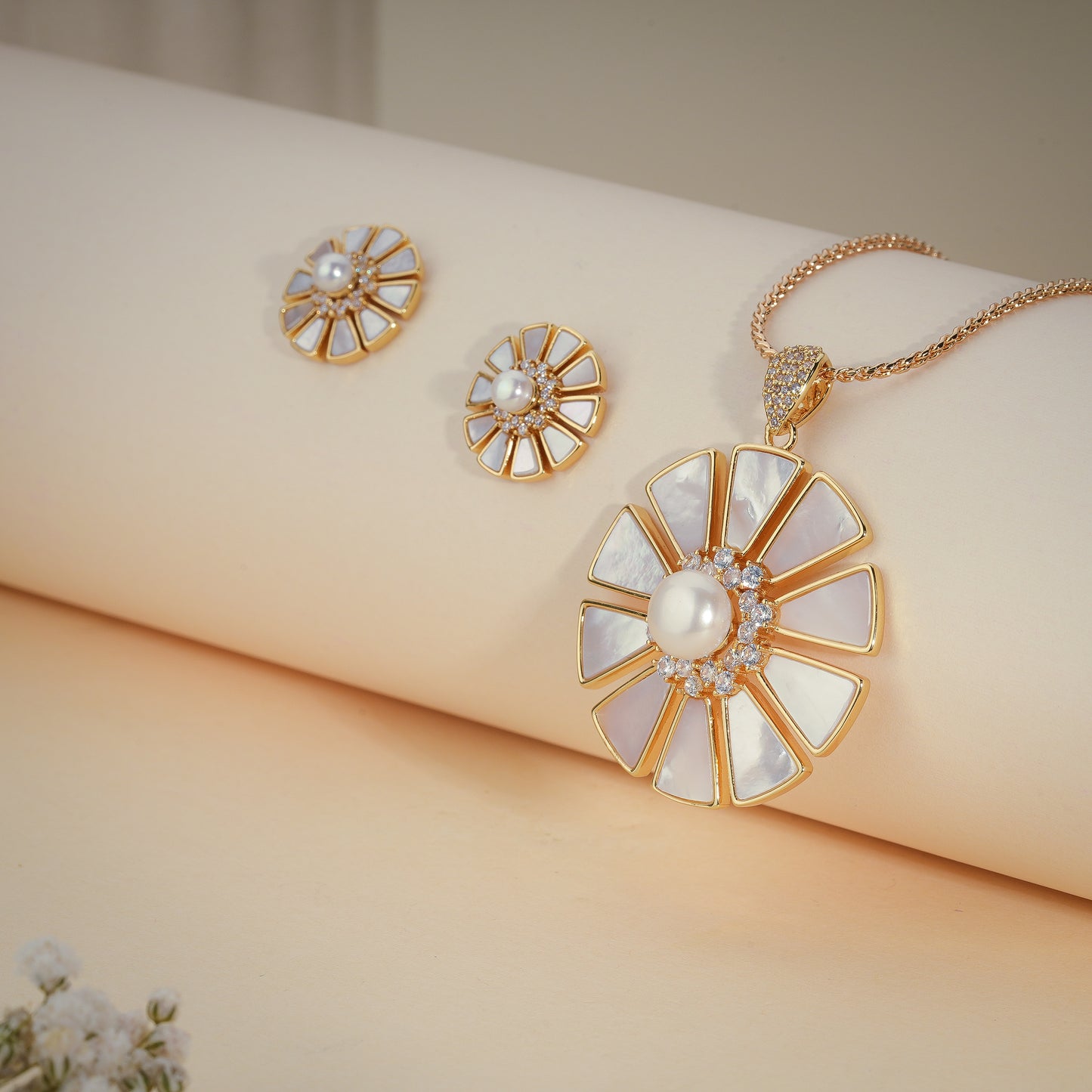 Luxury Mother of Pearl Floral Pendant Set with Stud Earrings – Gold Finish