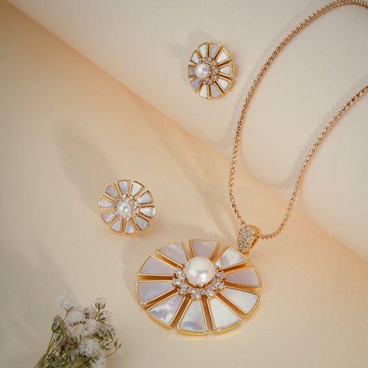 Luxury Mother of Pearl Floral Pendant Set with Stud Earrings – Gold Finish
