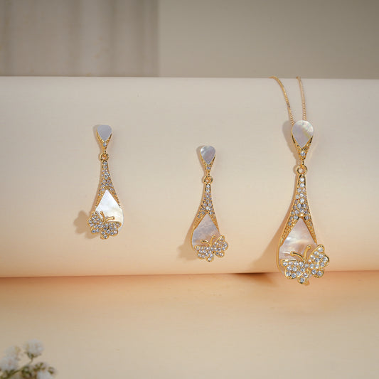 Elegant Butterfly Mother of Pearl Pendant Set with CZ – Gold Finish