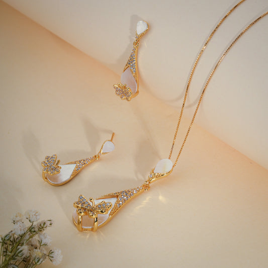 Elegant Butterfly Mother of Pearl Pendant Set with CZ – Gold Finish