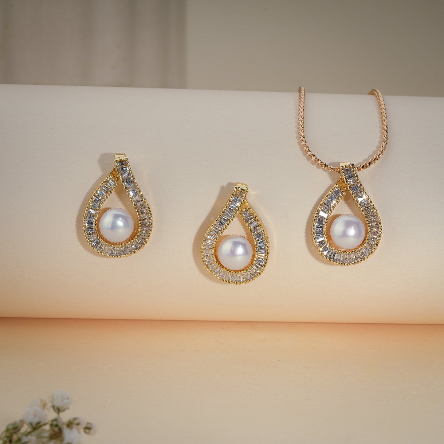Classic Teardrop Pearl Pendant Set with Baguette CZ – Gold Finish