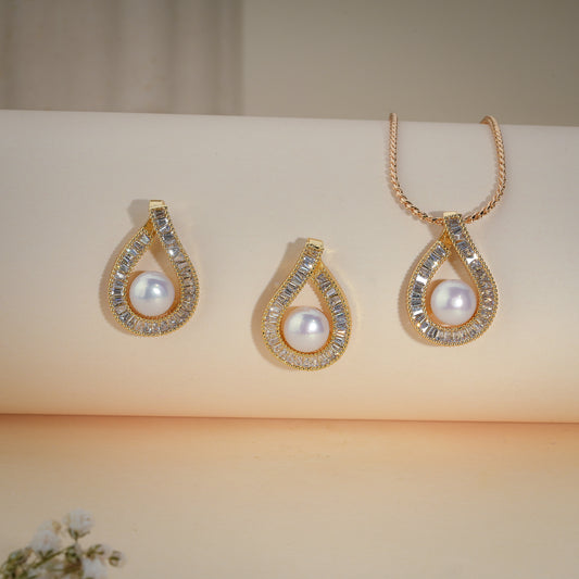 Classic Teardrop Pearl Pendant Set with Baguette CZ – Gold Finish