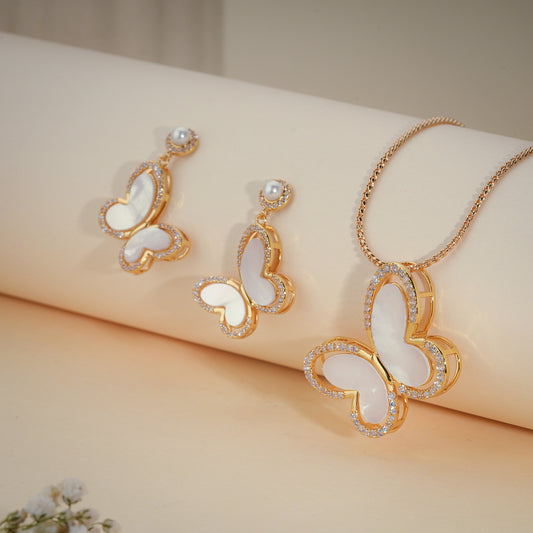 Luxury Butterfly Mother of Pearl Pendant Set with CZ – Gold Finish