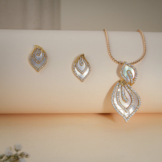 Elegant Leaf Drop Mother of Pearl Pendant Set with CZ – Gold Finish