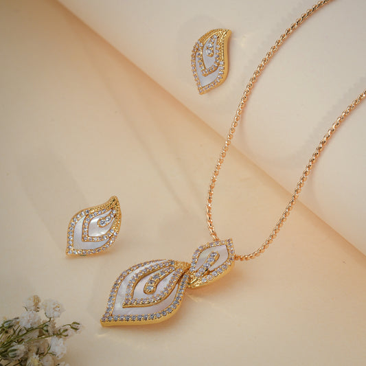 Elegant Leaf Drop Mother of Pearl Pendant Set with CZ – Gold Finish