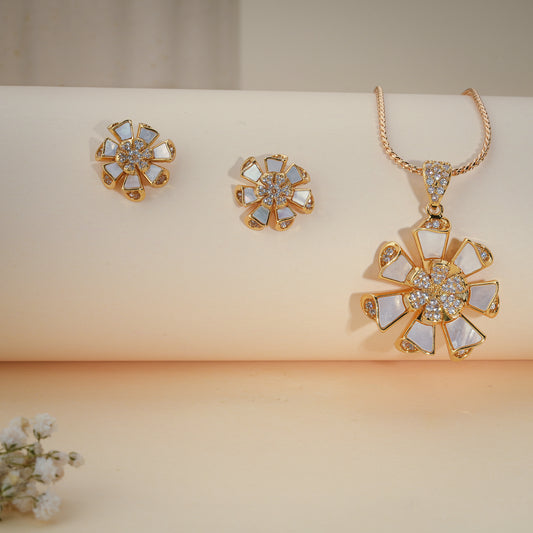 Luxury Floral Mother of Pearl Pendant Set with CZ – Gold Finish