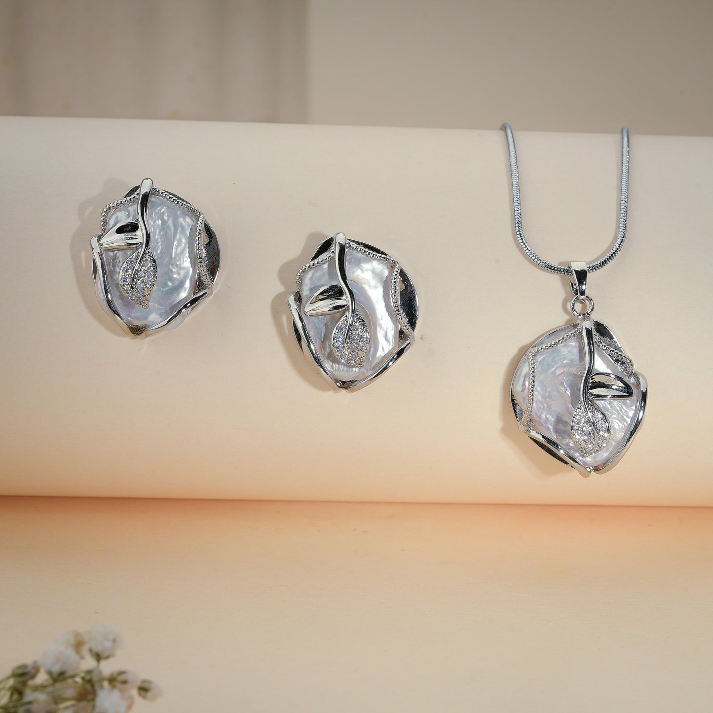 Elegant Baroque Pearl Pendant Set with CZ – Silver Finish Designer Jewelry