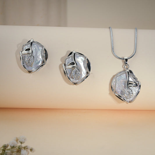Elegant Baroque Pearl Pendant Set with CZ – Silver Finish Designer Jewelry
