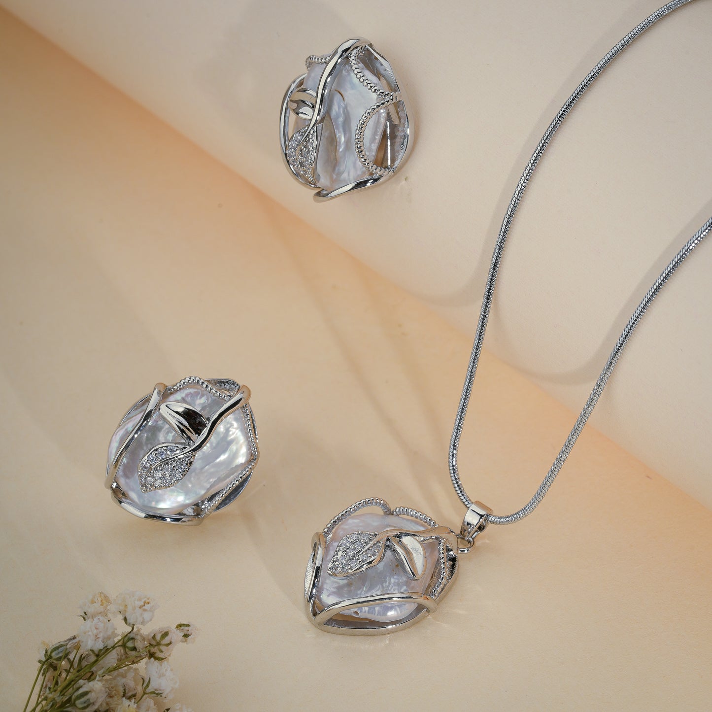 Elegant Baroque Pearl Pendant Set with CZ – Silver Finish Designer Jewelry